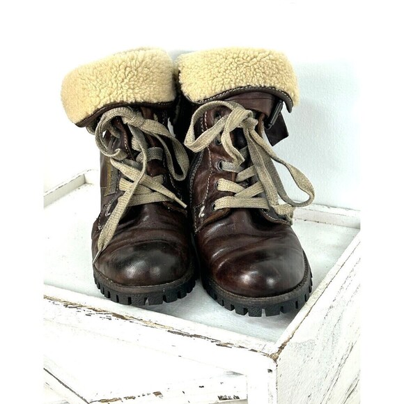 Manas Design Women Size 6 Brown Boots Combat Shearling Lined Moto Biker Italy Rk - Picture 2 of 12